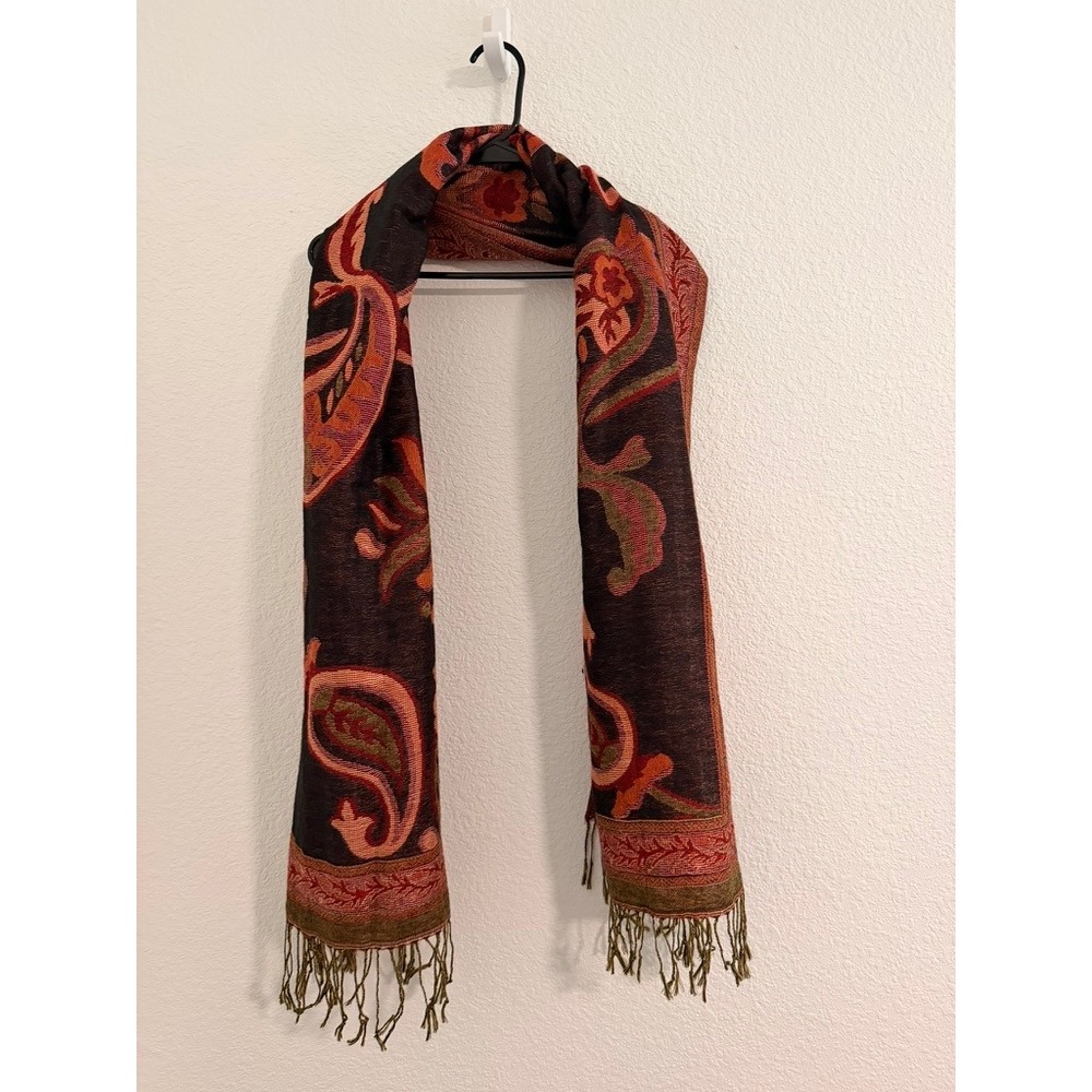 Boho Paisley Pashmina Shawl Reversible Fringe Wrap Scarf Brown Orange Red